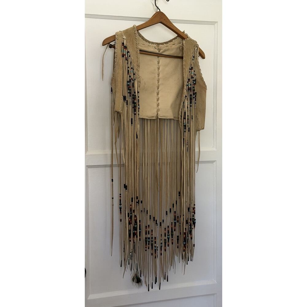 60s Beaded Native American‎ Vest Suede Leather Hippie Long Fringe VTG Festival - Picture 2 of 13